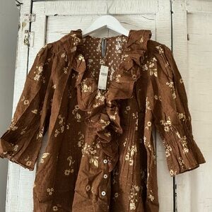 Anthropologie Brown Floral Ruffle Blouse